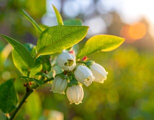 Delicate white blossoms on a vibrant green leafy branch