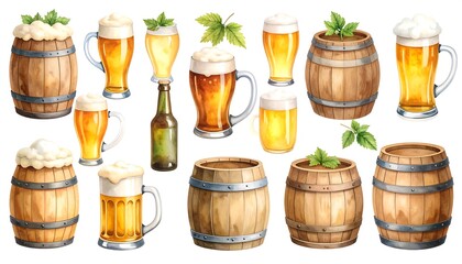 Watercolor illustrations showcase various beer containers and glasses with foamy brews, hops, and wooden barrels