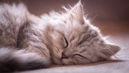 Adorable sleepy fluffy kitten taking a peaceful nap on a cozy blanket