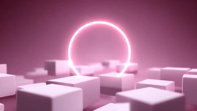 Soft pink neon circle glow above cube surface, glowing ring on pink background with abstract geometry, minimal futuristic light and lighting in modern square cube 3d render geometry