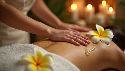 Massage therapist applies oil to back. Client relaxes during bodywork therapy with flower. Candles glow creating serene spa ambiance. Soothing touch promotes deep relaxation for wellness.