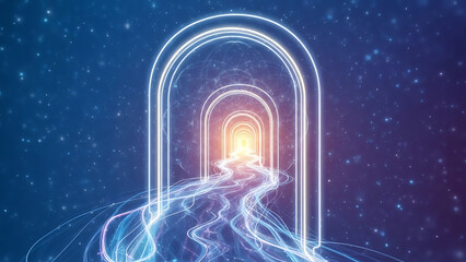 Glowing archway leading to bright light in space