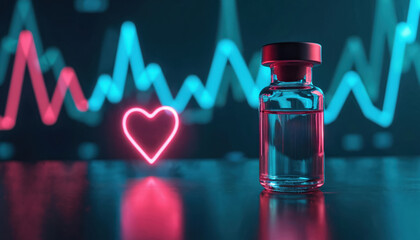Glass vial on reflective surface with glowing heart and heart rate graph in neon light. Medical research and progress concept for health and wellness.