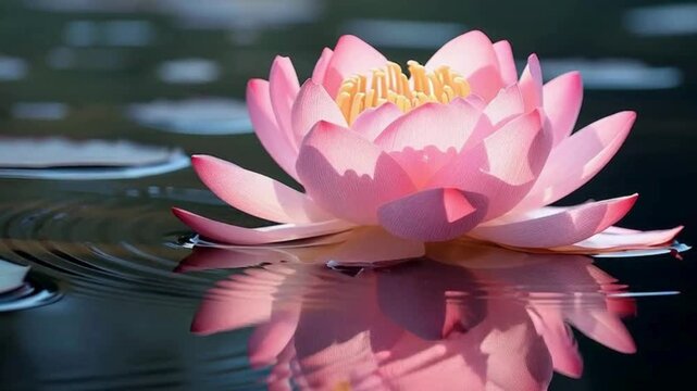 Closeup of Pink Lotus Flower Floating Calmly on Water with Reflection in Soft Light