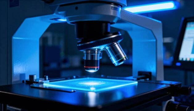digital research microscope in dark medical laboratory environment illuminated by blue light perfect for health and world cancer day