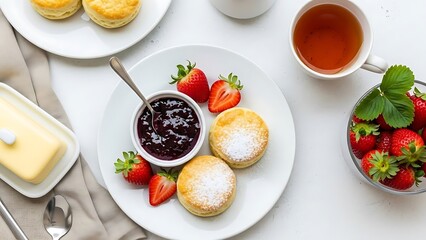 Delicious scones with jam and fresh strawberries served with tea