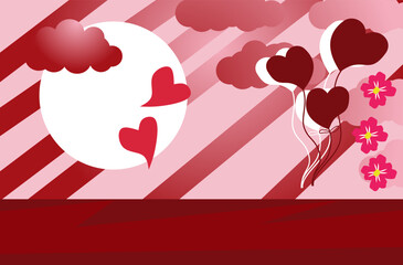 Romantic Heart Balloons with Clouds and Flowers on Pink Background  