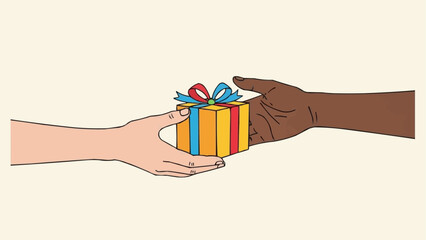 Hands exchanging a colorful gift box with ribbon and bow.