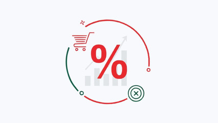 Percentage Symbol with Shopping Cart and Graph Icons.