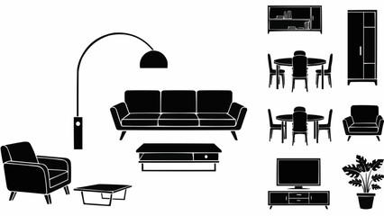 Collection of modern furniture silhouettes for interior design.