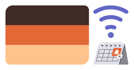 Time management, connectivity, schedules, digital tools, notifications, productivity. Calendar icon with alert and wireless signal. Time management and connectivity for modern productivity