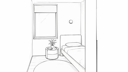 Sketch of a small bedroom with a single bed and window.