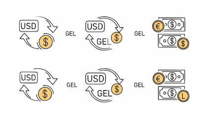 Currency Exchange Icons USD to GEL and EUR to USD.