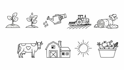 Farm life icons set with cow tractor barn and plants.