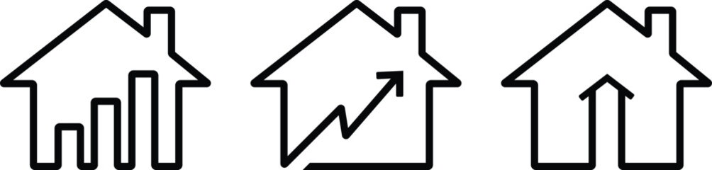Real Estate Financial Growth and Property Investment Thin Line Icon Set. Rising Home Values with Charts and Arrows. Minimalist black line icon collection.