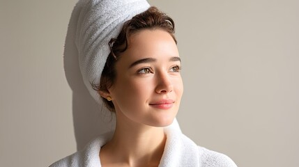 Young woman with towel on head gazing thoughtfully while enjoying morning light in modern bathroom space, embodying serenity and skincare routine