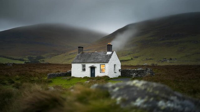 An atmospheric white irish cottage stands isolated in the rugged, dark green landscape of the comeragh mountains, with smoke rising from its chimney under an overcast gray sky.