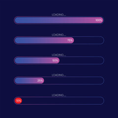 Vector illustration of progress bars with loading percentages in blue and purple gradient