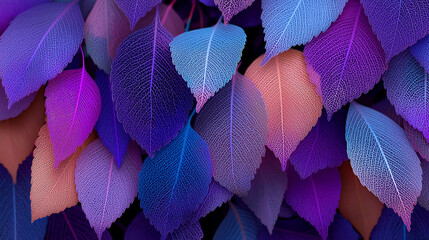 Many colorful transparent leaf skeletons clustered together. Suitable for nature themed designs, backgrounds, patterns, and botanical illustrations.