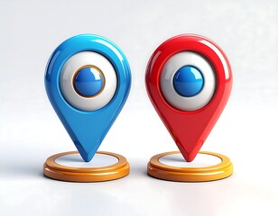 Two colorful location markers standing, on a white, reflective surface