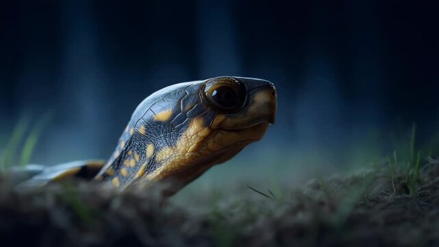 Serene turtle reptile wildlife nature animal shell head closeup portrait grass and ground, baby sea turtle macro closeup portrait with patterned shell, nocturnal turtle reptile wildlife nature animal
