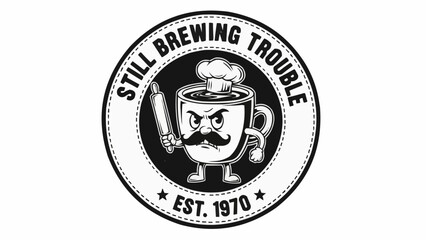 Cartoon coffee cup character with chef hat and rolling pin.