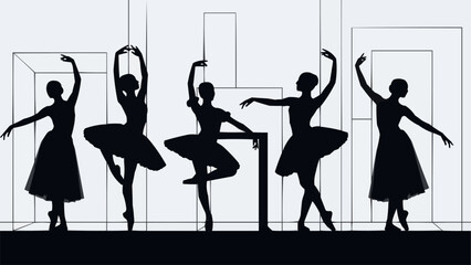 Five ballet dancers in silhouette performing on stage. © Suci
