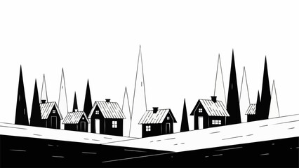 Minimalist Village Scene with Houses and Trees in Black and White.