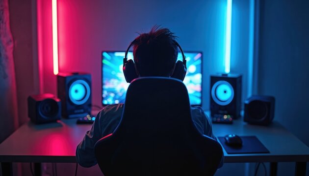 Young person wears headphones playing computer game. Neon lights glow in room near speakers. Person uses mouse and keyboard, focused on screen with colorful graphics.