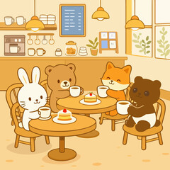 Cozy Animal Tea Time in Cute Caf&eacute; Interior