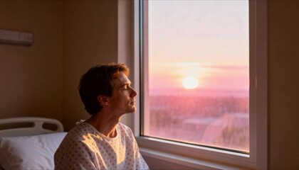 hopeful patient silhouette looking at golden sunrise through hospital window for recovery and healing journey perfect for health and world cancer day