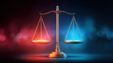 Concepts of decision-making in justice. A beautifully crafted balance scale illuminated by red and blue lights, symbolizing justice and fairness.