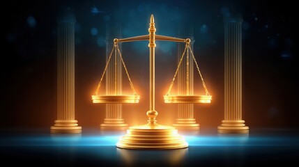 Concepts of decision-making in justice. A golden balance scale illuminated against a dark backdrop, symbolizing justice and fairness, surrounded by classical columns.