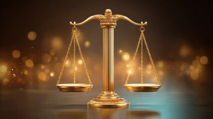 Concepts of decision-making in justice. A golden scale of justice symbolizes balance and fairness, set against a soft, glowing background.