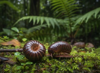 Two large millipedes in a lush, green, mossy forest