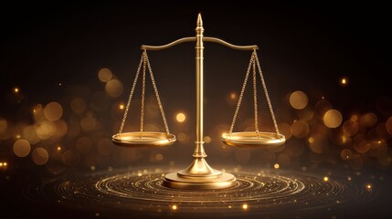 Concepts of decision-making in justice. A golden scale symbolizing justice against a backdrop of sparkling lights, representing balance and fairness in law.