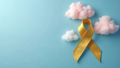 Gold ribbon, fluffy clouds drift on bright blue sky. Symbol of hope for childhood cancer awareness month. Design for cards, banners, and campaign materials.