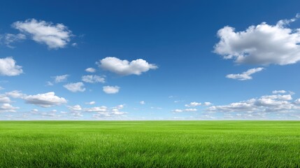 Fototapeta premium Expansive Green Grass Field Under Bright Blue Sky with Fluffy White Clouds and Vast Open Space for Outdoor and Nature Themes