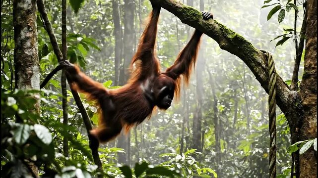 Sumatran orangutan swinging between rainforest trees
