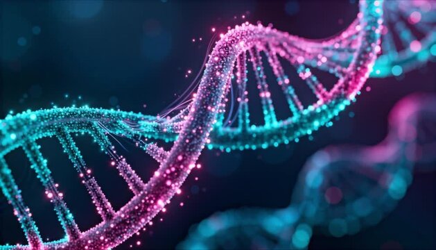 futuristic glowing particle based human dna helix animation for genetic research and biotechnology concepts perfect for health and world cancer day