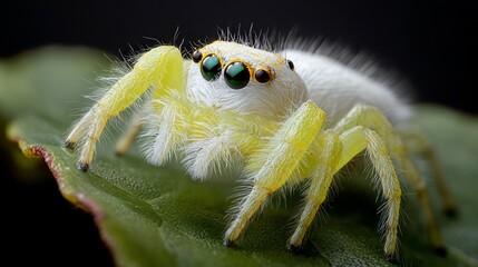Close-up macro photograph of a vibrant, fluffy white and yellow spider with prominent eyes on a green leaf