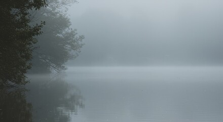Fototapeta premium Misty lake scene with trees