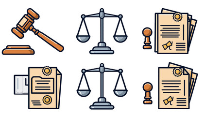 Cartoon Legal Objects Isolated on Transparent Background &ndash; Gavel, Scales of Justice, Documents PNG Set