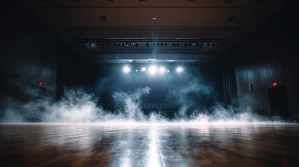 Auditorium stage bathed in spotlights and smoke, reflecting on the wooden floor