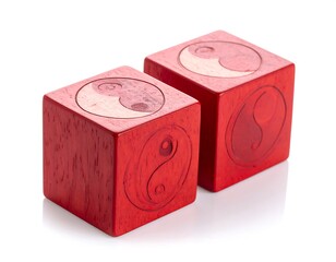 Two red wooden cubes with etched yin-yang symbols on white