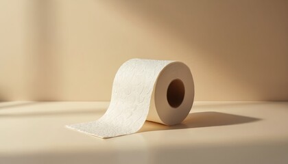 White toilet paper roll with embossed pattern on beige background. Minimalist studio shot of soft hygiene product. A staple for household comfort and cleanliness. Absorbing material.