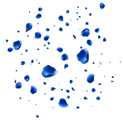 Beautiful blue flower petals flying in the air on a white background. Great for romantic themes, wedding cards, and beauty products