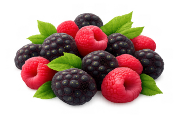Fresh organic berries mix with raspberries and blackberries and green leaves, symbolizing healthy eating and summer fruit