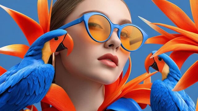 Fashionable and free: A portrait of a woman adorned with stylish sunglasses, framed by tropical birds and exotic flowers, against a vibrant blue backdrop.