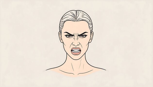 Digital illustration of a woman's face exhibiting intense anger, featuring furrowed brow and clenched teeth